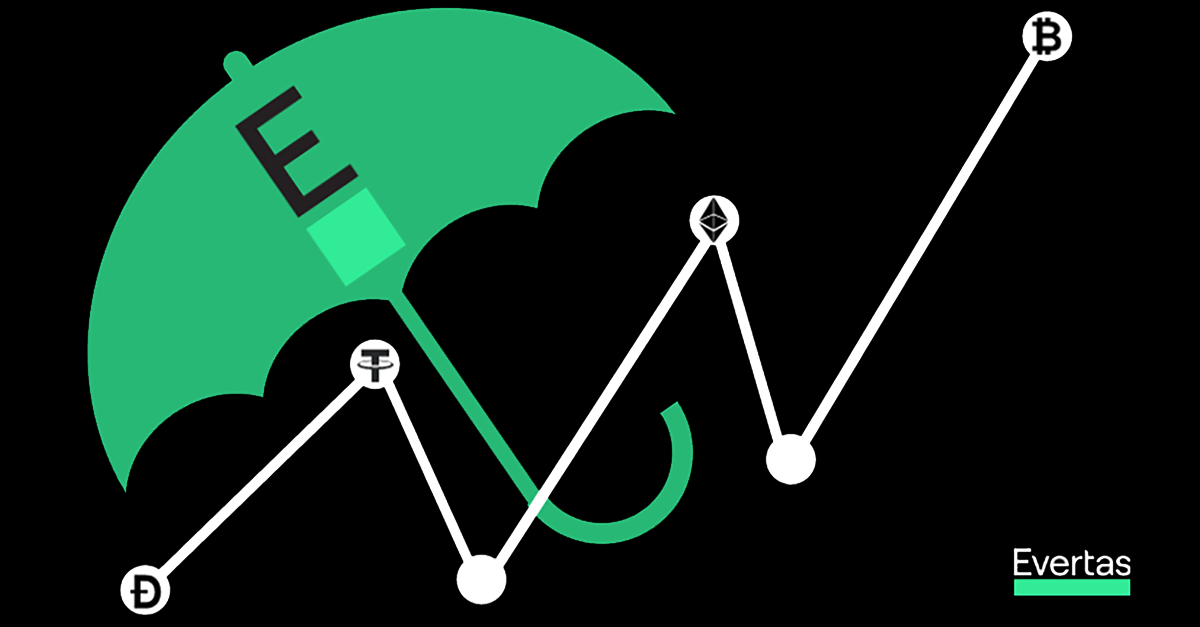A increasing chart with circles of cryptocurrency logos in the circles, with a green umbrella off to the side. The umbrella has the 'E' logo for Evertas