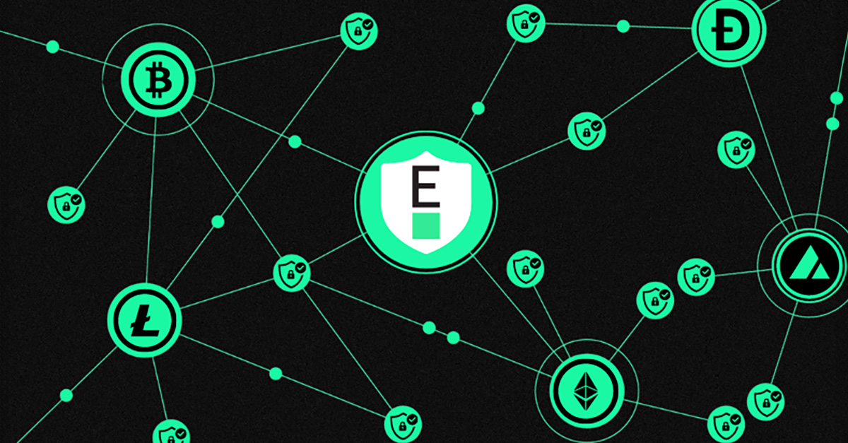 Bright green circles with cryptocurrency logos in the circles over a black background. In the center of the circles is a large circle with a 'E' Evertas logo and shield