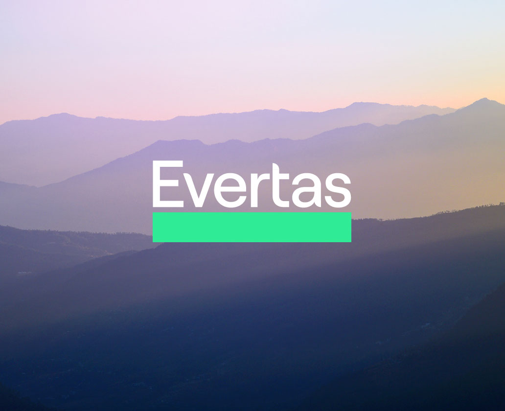 Picture of a mountain background with a pink, purple and yellow overlay. The picture has the Evertas text logo with a thick bright green line under it