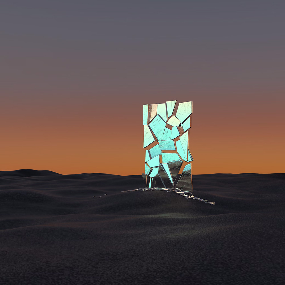 Picture of the sky with orange and blue hues, meeting sand. There is a graphic of a standing broken mirror in the middle of the photo