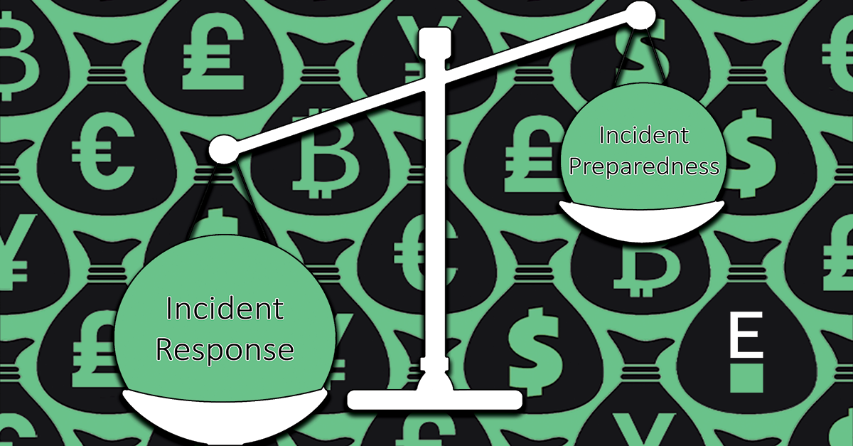 Graphic of a scale with circles on each side of scale, the heavier side text reading incident response and the other reading incident preparedness over a back ground with money bags with crypto symbols on the bags